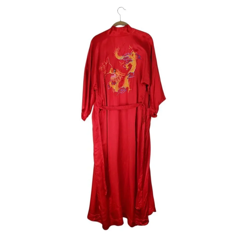 Vintage Pearls Red Silk Dragon Embroidered Long Robe Unisex Medium